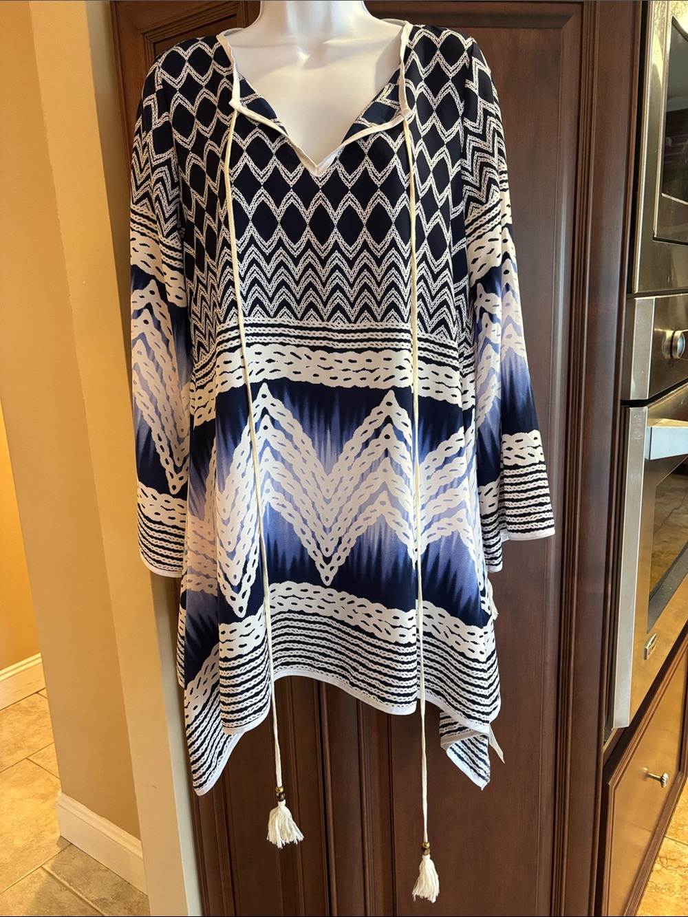 Navy and White V-Neck Tassel Tunic Top